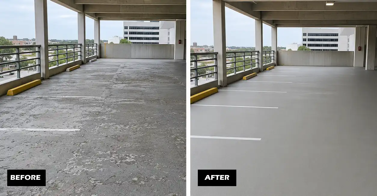 In this before and after photo a parking garage's spalled concrete has been resurfaced to look like new.